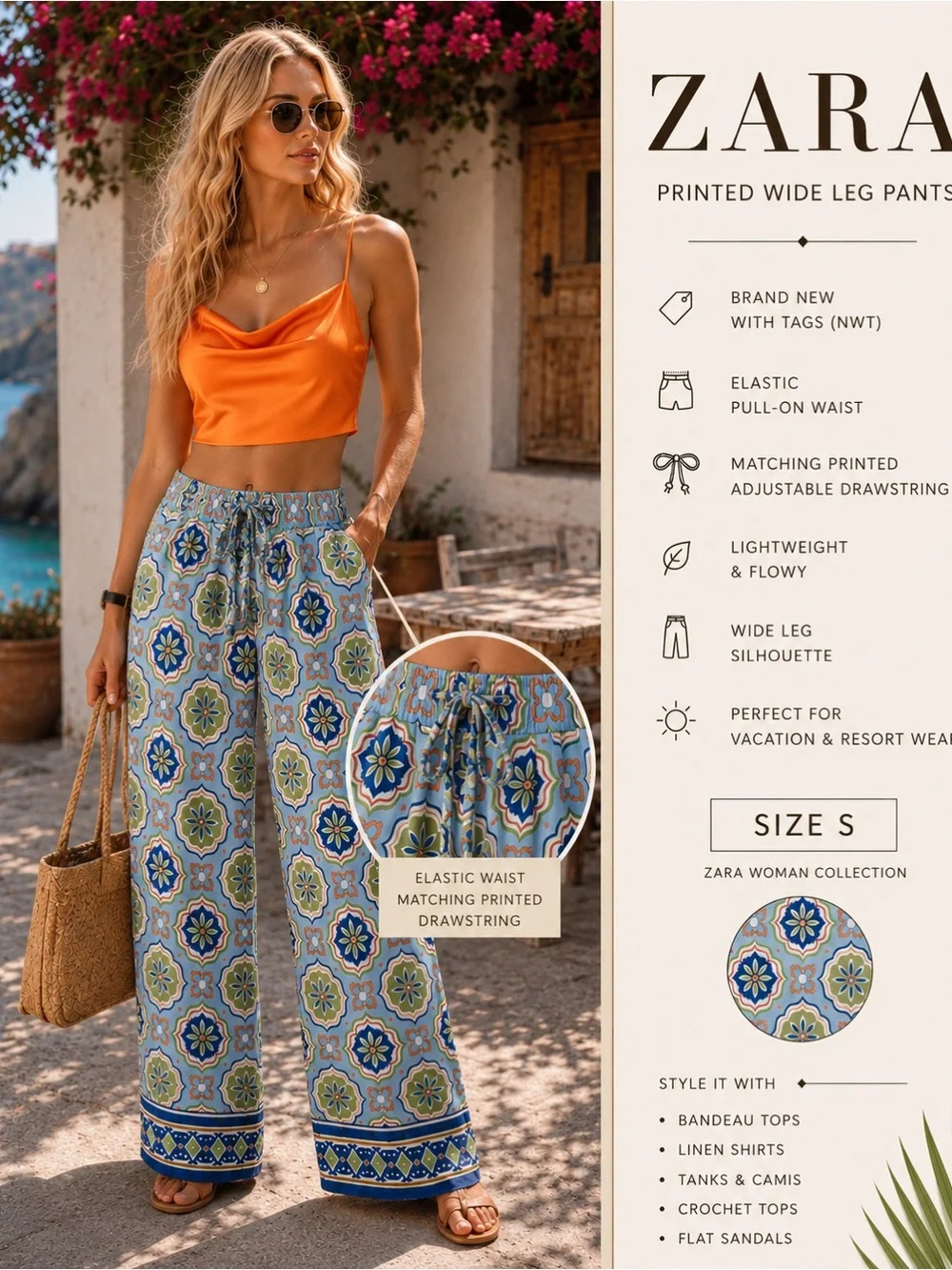 NWT Zara Wide Leg Printed Pants | Summer Resort Vacation